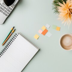 Poster - Overhead Workspace Chic Open Notebook and Laptop on Minimalist Desk with Colorful Sticky Notes and Coffee - Small Business Growth and Innovative Financial Planning in Modern Professional Settings