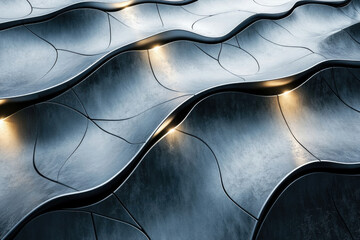 Leinwandbilder - Abstract metallic waves with illuminated crevices, creating a futuristic and textured surface.