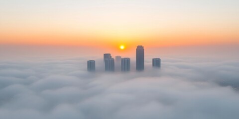 Poster - Futuristic Urban Skyline in Fog Aerial View of Skyscrapers with Soft Light and Cloud Texture - Sustainable Urban Planning and Innovative Architectural Visualization
