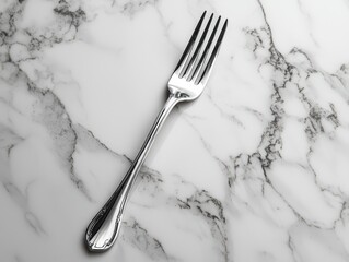 A shiny silver fork resting on a marble surface.