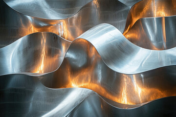 Aufkleber - Abstract metallic sculpture with flowing, wave-like forms illuminated from within.
