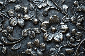 Poster - Intricate metal floral relief, dark bronze patina, embossed flowers and leaves.