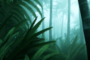 Poster - Mystical Foggy Forest Lush Fern Undergrowth with Twilight Gradient - Eco-Travel Content and Nature-Inspired Interior Design for Modern Calm Spaces