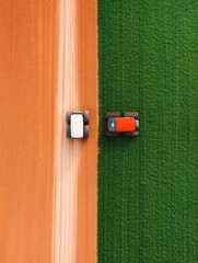 Poster - Minimalist Precision Farming Aerial Traditional Plow vs. GPS Tractor on Verdant Field - Commercial Agricultural Innovation and Sustainable Rural Development