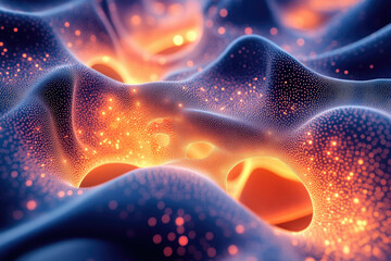 Aufkleber - Abstract 3D rendering of a glowing, particle-based wave, with vibrant orange and blue hues.