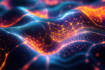 Fototapete - Abstract digital art depicting a glowing, wave-like network of interconnected nodes in vibrant orange and blue hues.
