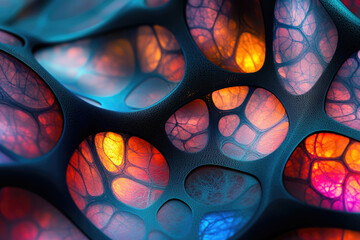 Poster - Abstract 3D render of a bioluminescent, organic network with glowing, interconnected cells.