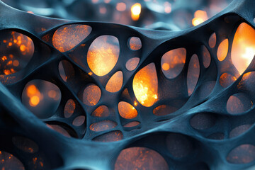 Poster - Abstract 3D render of a dark, porous, organic structure with glowing orange embers within its cavities.