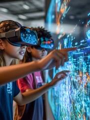 Poster - Cutting-Edge VR Collaboration Diverse Teen Innovators in Tech Lab Navigating Holographic Interfaces - Pioneering EdTech Solutions and Interactive Learning Design