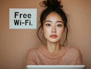 Poster - Contemporary Cybersecurity Focus Young Asian Woman in Cozy Knit with Laptop in Cafe - Safe Browsing and Online Privacy for Modern Digital Marketing and IT Security