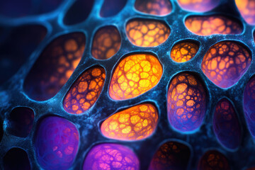Aufkleber - Abstract vibrant image depicting a porous, organic structure with glowing orange and purple cavities.