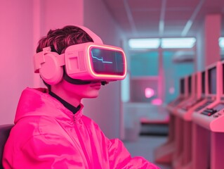 Poster - Retro-Futuristic VR Experience Neon-Styled Headset with Gaming Aesthetic - Immersive Tech for Modern Entertainment and Marketing in Digital Innovation Spaces
