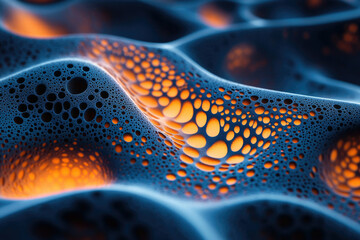 Aufkleber - Abstract image of a dark blue, undulating surface with glowing orange holes resembling a cellular or porous structure.
