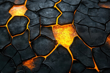 Poster - Glowing lava cracks through dark, fractured rock surface, creating a fiery, textured pattern.