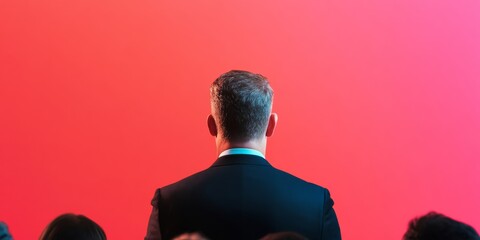 Poster - Contemporary Public Speaking Dynamics Executive Speaker on Stage With Bold Red Backdrop - Professional Presence and Business Communication for Corporate Leadership