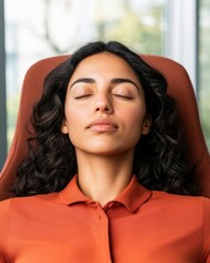 Poster - Modern Ergonomic Wellness Indian Woman in Stylish Office Chair - Enhancing Corporate Comfort and Mindfulness for Productive Workspaces