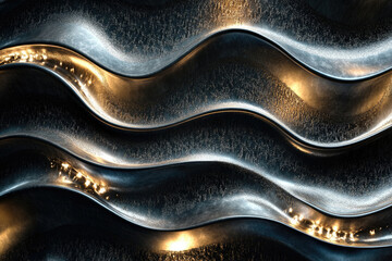 Poster - Abstract metallic waves with golden highlights, creating a luxurious and dynamic visual texture.