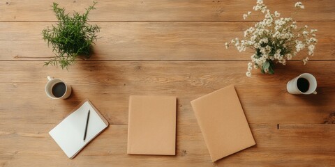 Poster - Scandinavian Remote Work Aesthetic Natural Wood Table with Floral Accents and Notebooks - Modern Business Collaboration and Digital Workspace Design for Creative Professionals