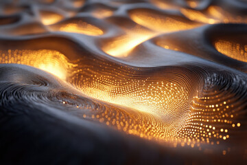 Poster - Abstract wave pattern with glowing golden dots, creating a mesmerizing digital landscape.
