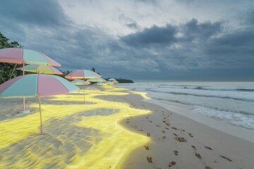 Poster - Pastel umbrellas illuminate a tranquil beach scene at dusk, creating a dreamy atmosphere.