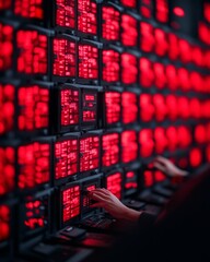 Poster - Futuristic Red LED Video Wall in Control Room - Meteorological Data Command Center for Advanced Weather Systems and Real-Time Decision-Making in Tech-Driven Industries