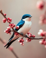 Poster - Artisan Nature Swallow on Budding Branch with Vibrant Spring Colors - Eco Marketing and Wildlife Conservation Content