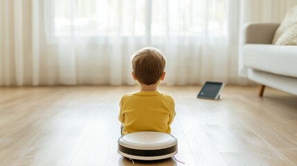 Aufkleber - Minimalist Smart Home Scene Robotic Vacuum on Hardwood with Young Boy Observing - Tech Efficiency and Modern Family Living in IoT-Connected Interiors