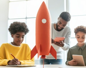Poster - Contemporary STEM Classroom Engaged Pre-Teens with Rocket Model and Digital Devices - Inspiring Education in Modern Learning Environments