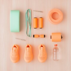 Poster - Contemporary Fitness Essentials Pastel Home Workout Gear on Wooden Floor - Health-Conscious Lifestyle Content and Modern Fitness Marketing