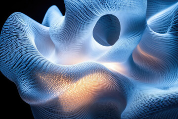 Poster - Abstract 3D rendering of a flowing, illuminated, woven net-like structure.