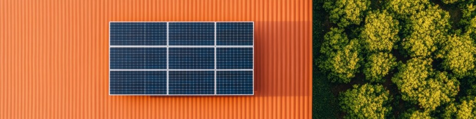 Poster - Modern Eco-design Solar Panel Installation on Textured Orange Rooftop Amidst Greenery - Sustainable Home Energy Solutions and Eco-friendly Urban Living Content