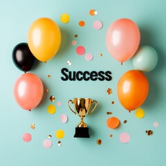 Poster - Colorful Celebration Flat Lay Glossy Pastel Balloons and Gold Trophy on Gradient Blue for Creative Social Media and Motivational Branding