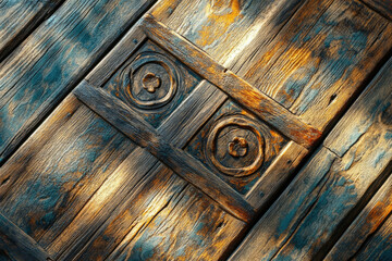 Fototapete - Aged wooden planks with carved circular patterns, showcasing rich, textured colors and weathered details.