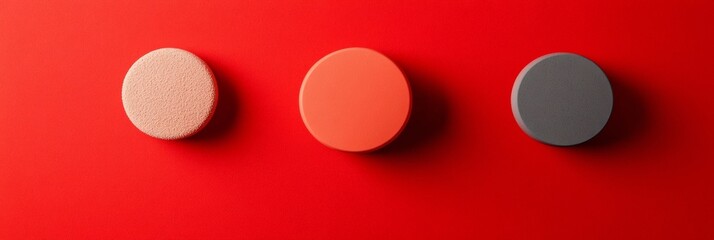 Leinwandbilder - Contemporary Minimalist Design Textured Ceramic Rounds on Vibrant Red - Artisanal Product Display for Modern Retail and Visual Merchandising