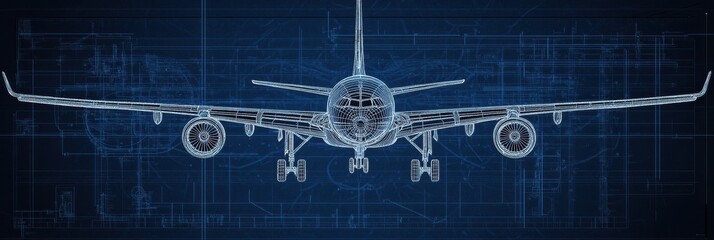 Fototapete - Technical blueprints showcasing the intricate design of a modern airplane from a frontal perspective. Generative AI