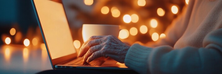 Aufkleber - Warm Tech Serenity Elderly Silhouette with Evening Laptop Glow - Empowering Digital Communication and Privacy for Seniors in Remote Learning and Startup Culture