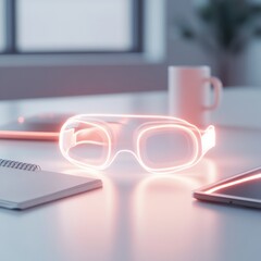 Poster - Augmented Reality Workspace Aesthetic Futuristic Neon Glasses on Minimalist Desk for Cutting-Edge Tech Innovations and Enhanced Remote Work Efficiency in Modern Offices