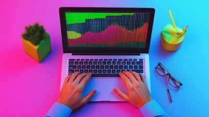 Poster - Vibrant Gradient Workspace Hands Typing on Laptop with Data Visuals - Digital Optimization and Remote Productivity in Tech-Savvy Business Environments