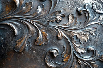 Poster - Intricate metallic floral design, embossed on dark textured surface, showcasing ornate details and aged aesthetic.
