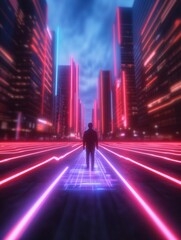 Aufkleber - Neon Cyberpunk Cityscape Male Adult Engages with Holographic Navigation Amidst Towering Skyscrapers - Future Tech Solutions for Urban Planning and Smart City Innovations