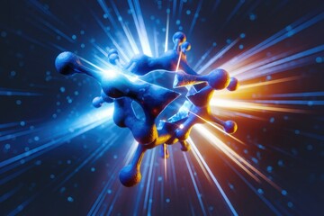 Poster - A 3D rendering of a molecule exploding with vibrant energy, symbolizing scientific breakthroughs and atomic reactions.