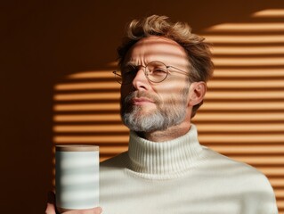 Aufkleber - Scandinavian Aesthetic Smart Home Caucasian Man, 40s, Using Minimalist Voice Assistant for Bedroom Automation - Contemporary Digital Living and Functional Design