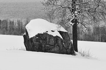 Wall Mural - Steinslisteinen Stone, a mythical stone at Nordlia thrown by the troll woman Gjøa at the Tjuvåskampen Hill, Norway.