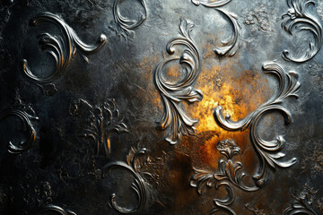Aufkleber - Dark metallic surface with embossed, ornate, silver floral patterns and gold accents.