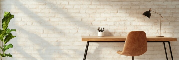 Aufkleber - Scandinavian Minimalist Workspace Oak Desk and Ergonomic Chair with Brick Textures Remote Productivity and Modern Home Office Solutions for Creative Professionals