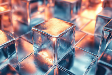 Leinwandbilder - A close-up of luminous glass cubes arranged in a grid pattern, reflecting warm light.