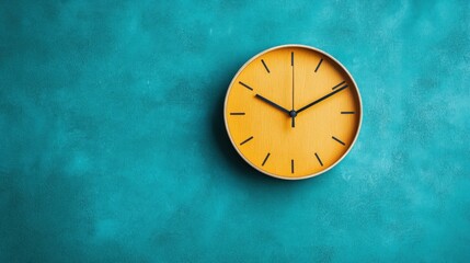 Fototapete - Bright yellow clock on a teal wall showcasing modern design and vibrant colors in indoor decor. Generative AI