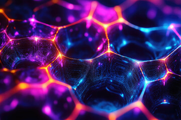 Fototapete - Abstract honeycomb structure with vibrant neon blue, pink, and orange glowing lines and nodes.