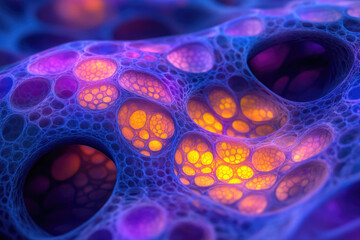 Aufkleber - Abstract fractal artwork depicting a bioluminescent, interconnected network of glowing cells or bubbles.