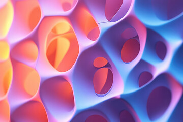 Poster - Abstract 3D rendering of a vibrant, porous, organic structure with warm and cool color gradients.